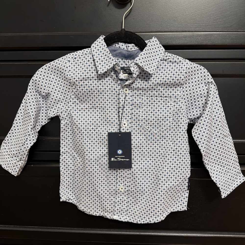 Ben Sherman Baby Boys Blue And  White Button Up‎ Dress Shirt Size 18m